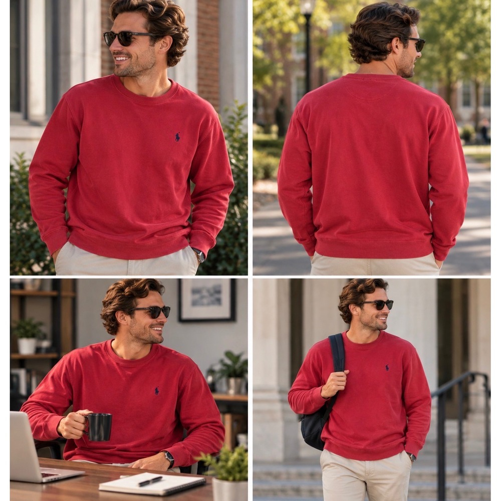 Polo Ralph Lauren Mens XL Red Crewneck Sweatshirt Navy Blue Pony Logo LongSleeve